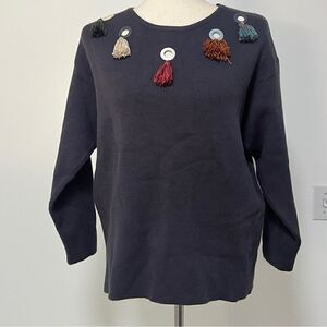 Ladies TTC Navy Thick Knit Sweater Tassels Large Unique Boxy